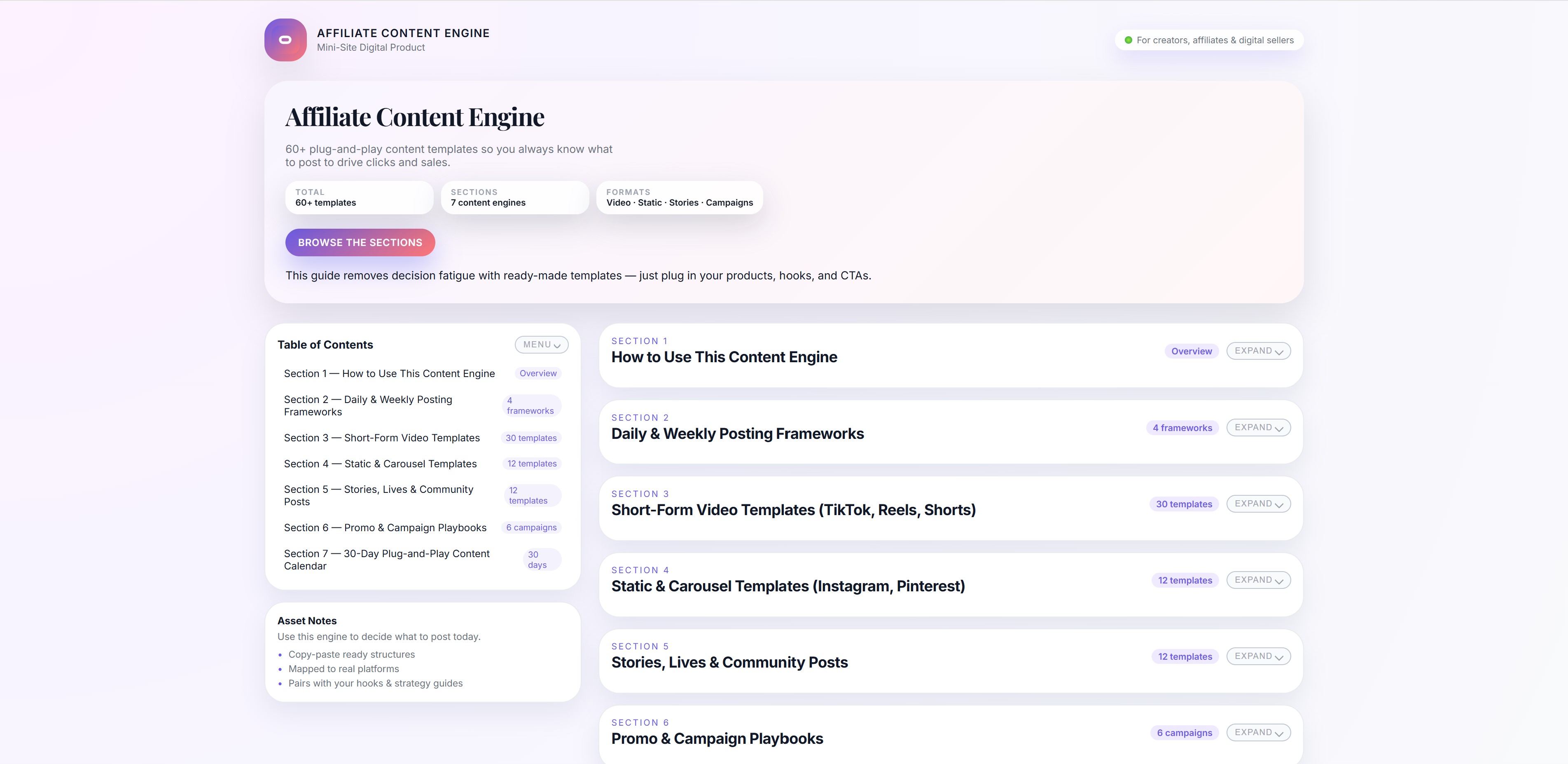 Affiliate Content Engine mini-site preview